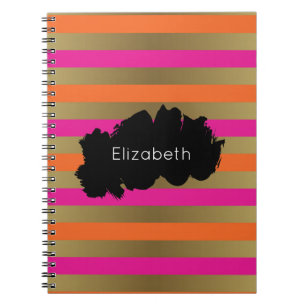 Pink, Orange & Faux Metallic Gold Stripes Custom Notebook
