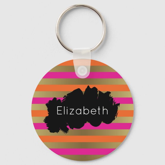Pink, Orange & Faux Metallic Gold Stripes Keychain (Front)