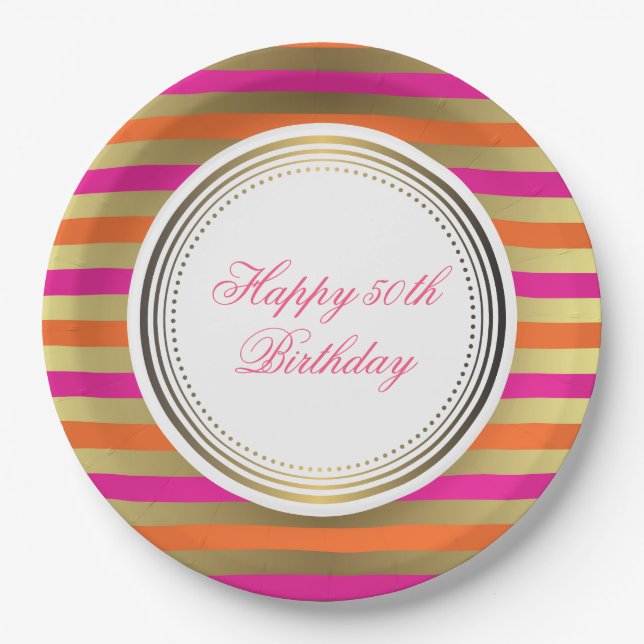 Pink, Orange & Faux Metallic Gold Stripes Paper Plate (Front)