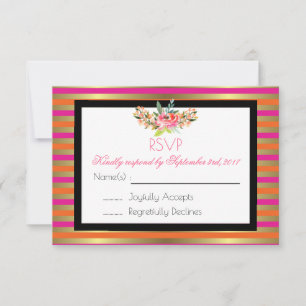 Pink, Orange & Faux Metallic Gold Stripes RSVP Card