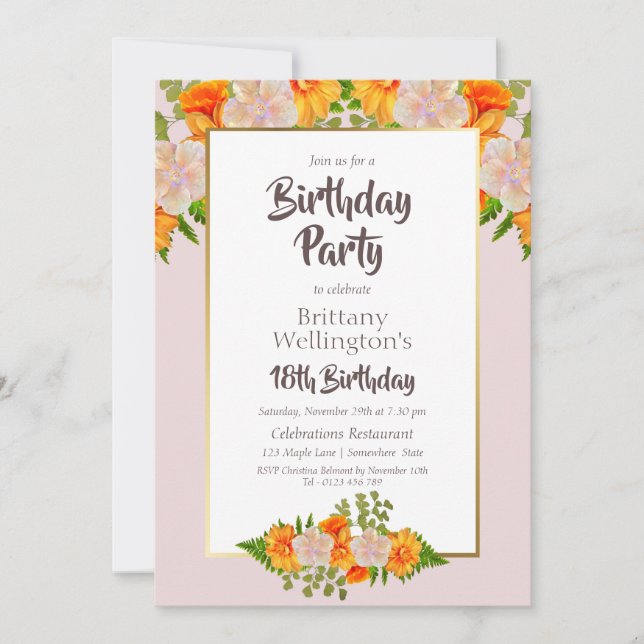 Pink Orange Floral 18th Birthday Party Invitation (Front)