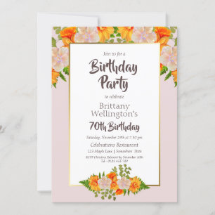 Pink Orange Floral 70th Birthday Party Invitation