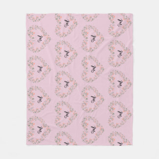 Pink Orange Floral and Greenery Heart Monogram     Fleece Blanket