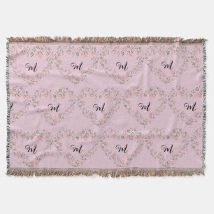 Pink Orange Floral and Greenery Heart Monogram Throw Blanket