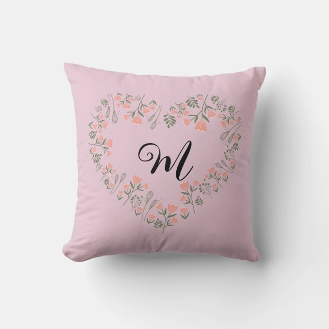 Pink Orange Floral and Greenery Heart Monogram     Throw Pillow (Front)