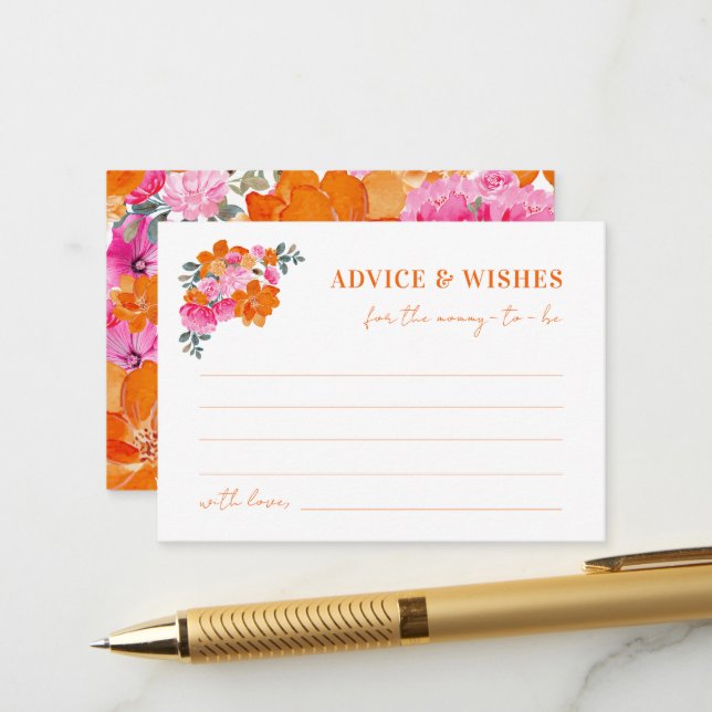 Pink Orange Floral Baby Shower Advice and Wishes Enclosure Card (Front/Back In Situ)