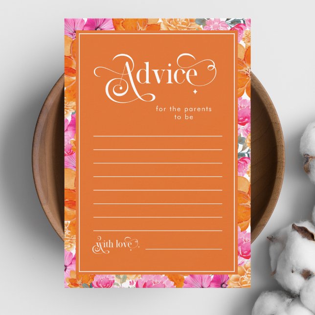 Pink & Orange Floral Baby Shower Parents Advice Card (Creator Uploaded)