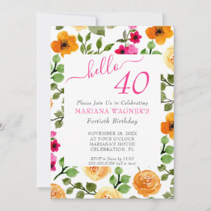 Pink Orange Floral Elegant Script 40th Birthday Invitation