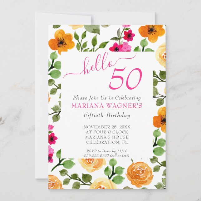 Pink Orange Floral Elegant Script 50th Birthday Invitation (Front)