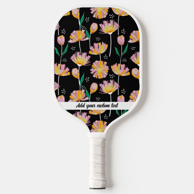 Pink Orange Floral Pattern Add Custom Text Name Pickleball Paddle (Front)