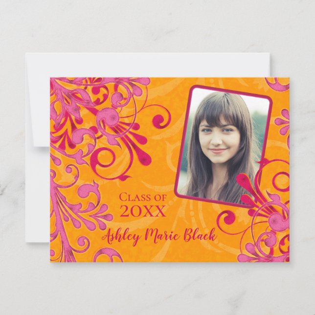 Pink Orange Floral Photo Graduation Invitation (Devant)