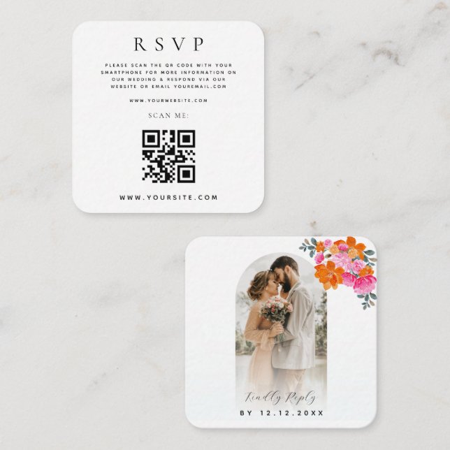 Pink Orange Floral QR Code Online Wedding RSVP Enclosure Card (Front/Back)