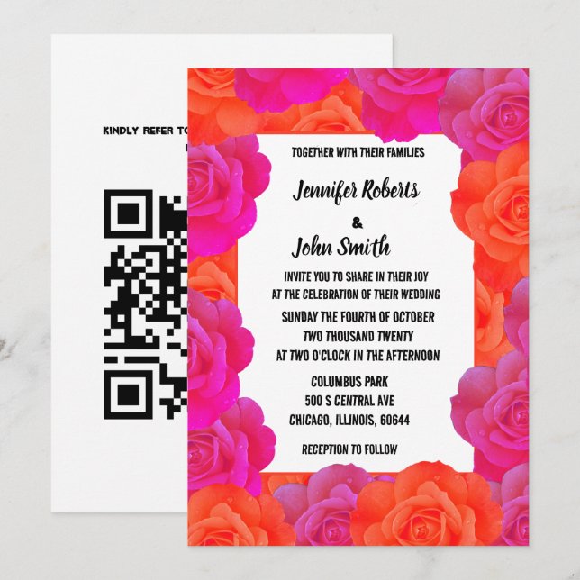 Pink Orange Floral QR Code Rose Patterns Wedding Invitation (Front/Back)