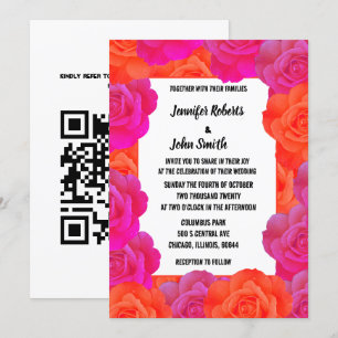 Pink Orange Floral QR Code Rose Patterns Wedding Invitation