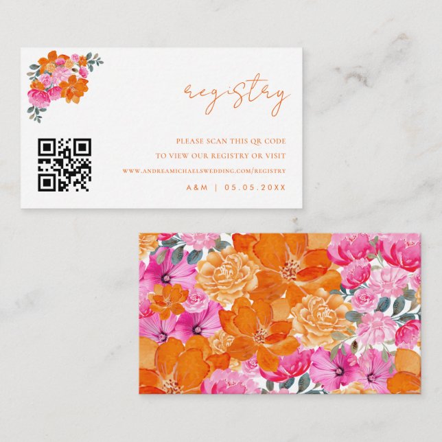 Pink & Orange Floral Qr Code Wedding Gift Registry Enclosure Card (Front/Back)