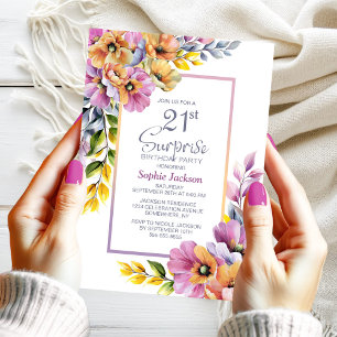 Pink Orange Floral Surprise 21st Birthday Party Invitation