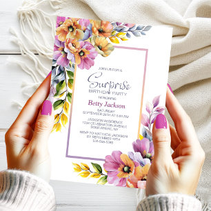 Pink Orange Floral Surprise Birthday Party Invitation