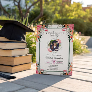 Pink Orange Floral Watercolor Photo Graduation Invitation