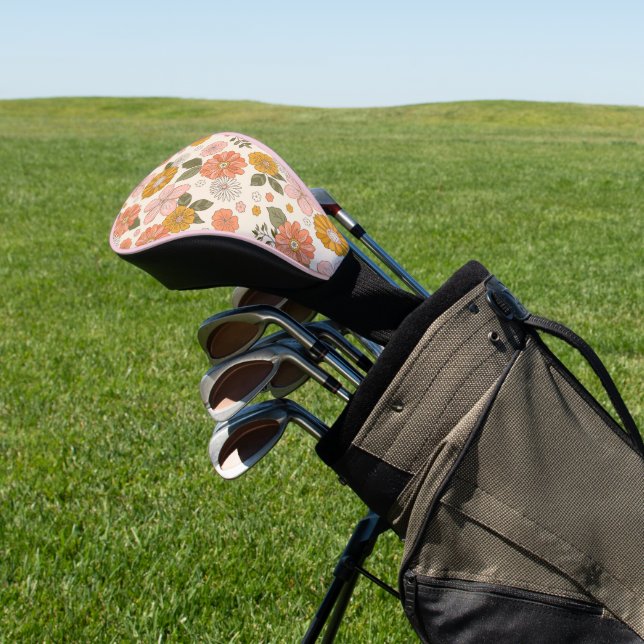Pink & Orange Flower Garden Pattern Golf Head Cover (In Situ)