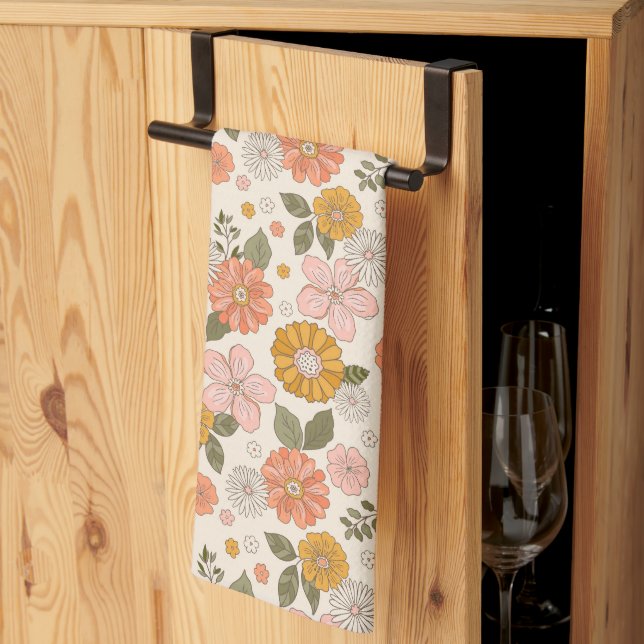 Pink & Orange Flower Garden Pattern Kitchen Towel (Thirds Fold)