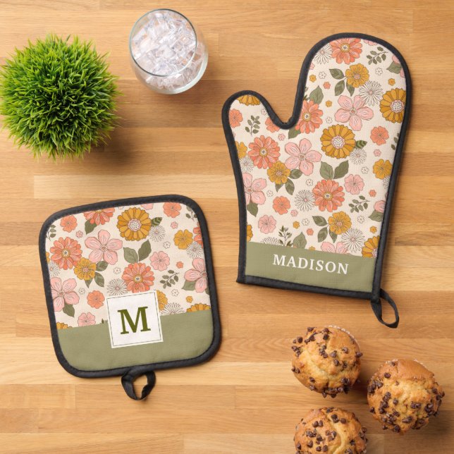 Pink & Orange Flower Garden Pattern Oven Mitt & Pot Holder Set (Top Down)