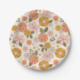 Pink & Orange Flower Garden Pattern Paper Plate