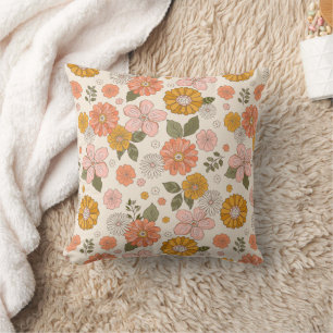 Pink & Orange Flower Garden Pattern Throw Pillow
