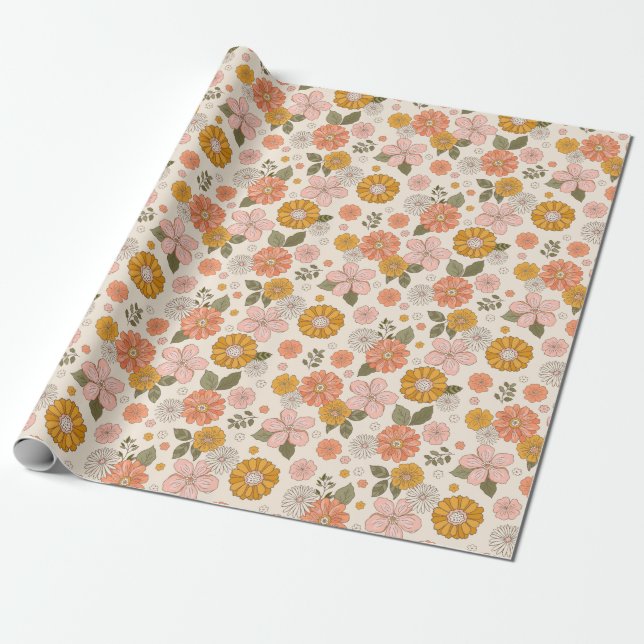 Pink & Orange Flower Garden Pattern Wrapping Paper (Unrolled)