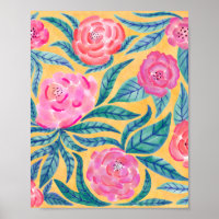 Pink Orange Flowers Leaves Watercolor Pattern