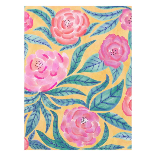 Pink Orange Flowers Leaves Watercolor Pattern Tablecloth (Front)