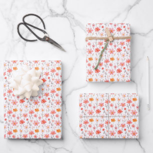 Pink & Orange Flowers on White Wrapping Paper Sheet