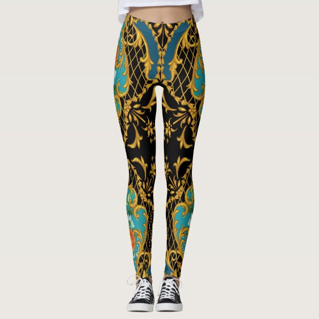 Pink Orange Flowers: Square Composition Leggings (Front)