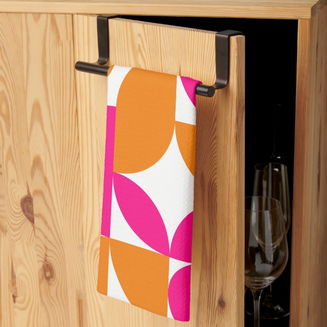 Pink Orange Geometric Mid Century Pattern Kitchen Towel (Thirds Fold)