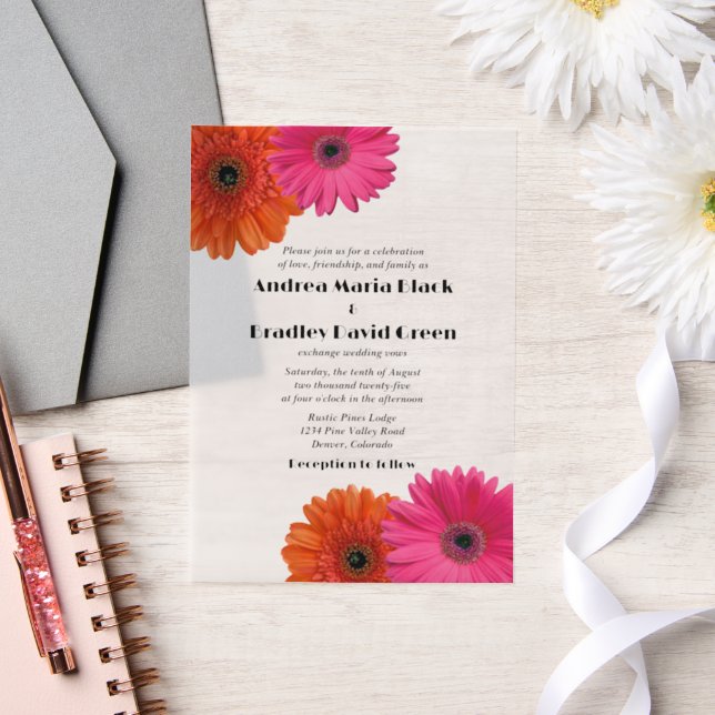 Pink Orange Gerbera Gerber Daisy Wedding Vellum Invitations (Wedding)