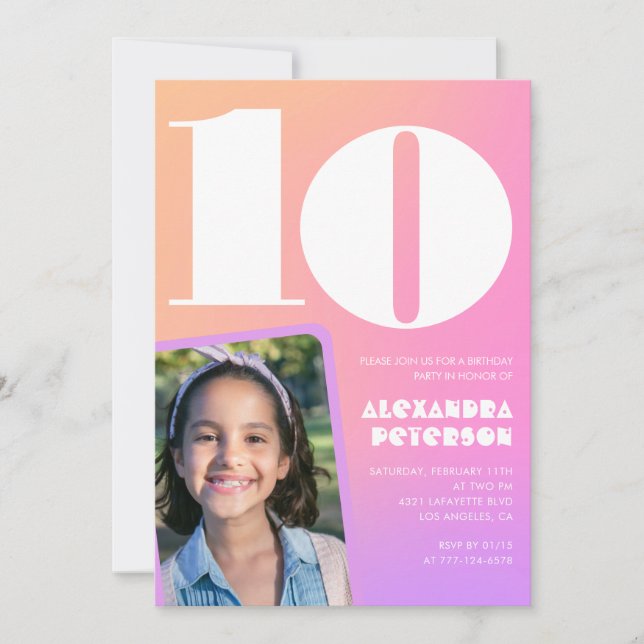 Pink Orange Gradient 10th birthday invitations (Front)