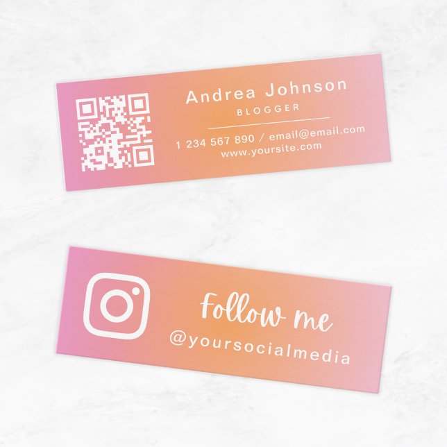 Pink Orange Gradient Follow Social Media QR Code Mini Business Card (Creator Uploaded)