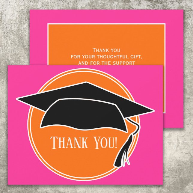Pink Orange Graduation Cap Thank You Card (Pink and orange graduation cap "thank you" card)