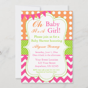 Pink Orange Green Baby Girl Shower Invite