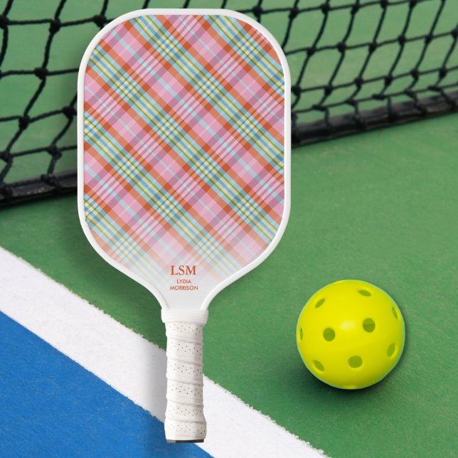 Pink Orange Green Plaid Pattern Custom Text Name Pickleball Paddle (Creator Uploaded)