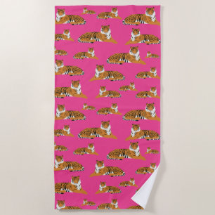Pink Orange Jungle Tiger Animal Pattern  Beach Towel