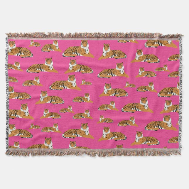 Pink Orange Jungle Tiger Animal Pattern Throw Blanket (Front)