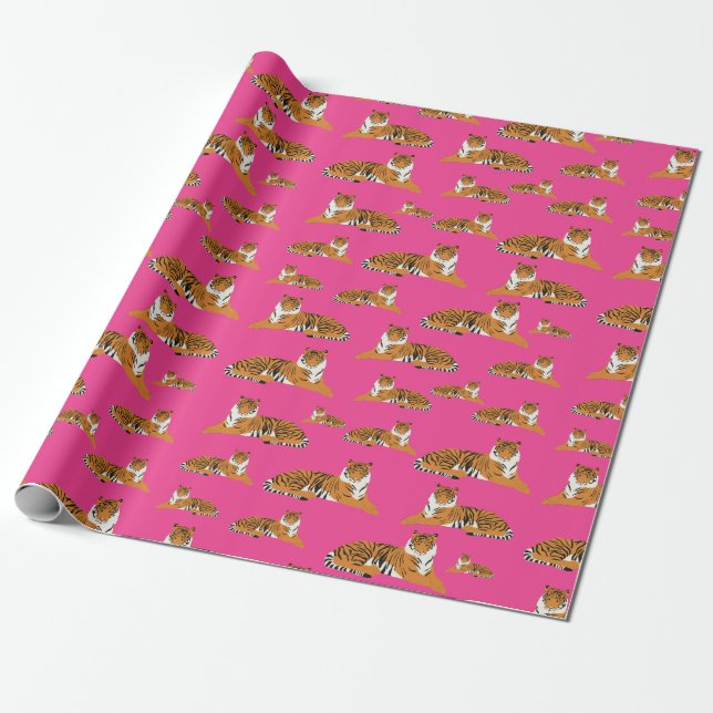 Pink Orange Jungle Tiger Animal Pattern  Wrapping Paper (Unrolled)