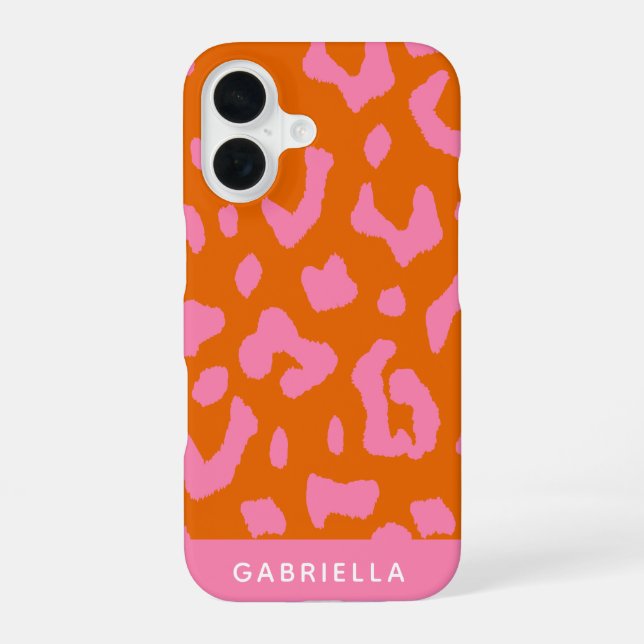 Pink Orange Leopard Print Pattern Personalized iPhone 16 Case (Back)