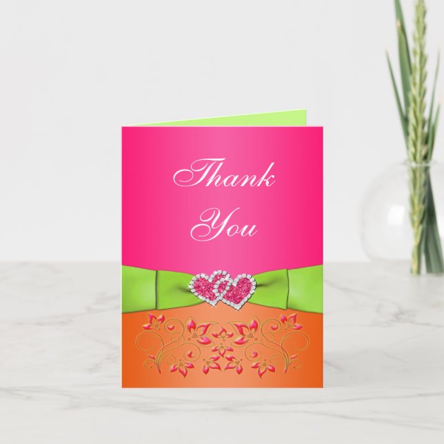 Pink Orange Lime Coeurs Floraux Merci Carte de not (Devant)
