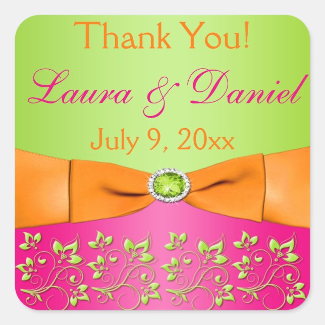 Pink Orange Lime Floral Wedding Favour Sticker 2 (Front)