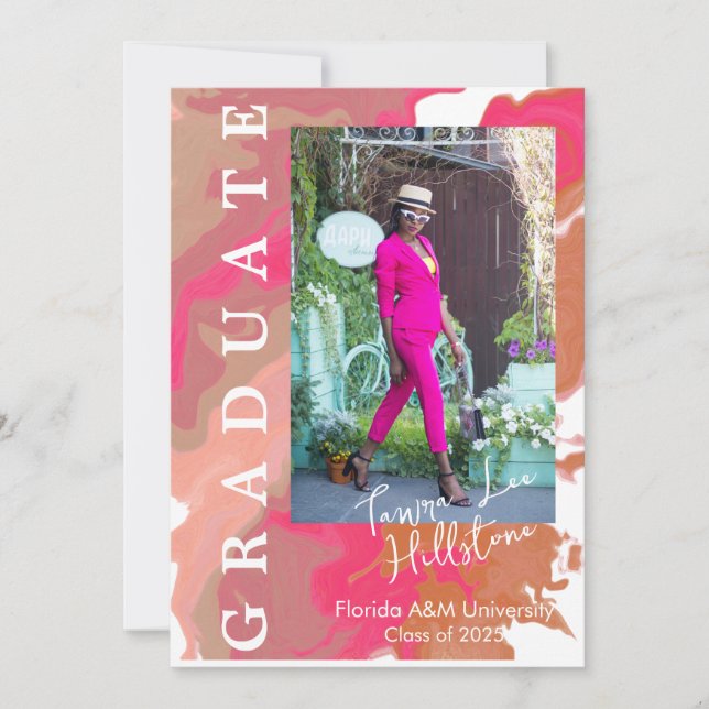 Pink Orange Marble Graduation Announcement Card  (Front)