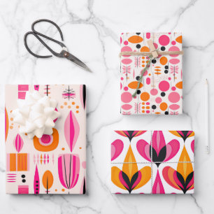 Pink & Orange Mid Century Abstract Pattern Holiday Wrapping Paper Sheet