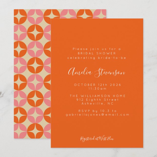 Pink Orange Mid Modern Geometric Bridal Shower  Invitation (Front/Back)