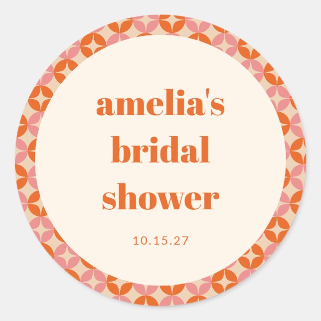 Pink Orange MidCentury Modern Custom Bridal Shower Classic Round Sticker (Front)