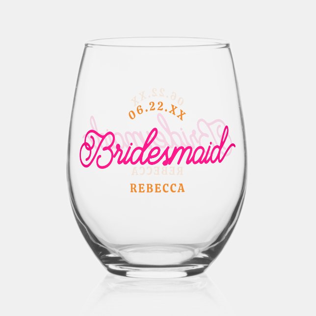 Pink Orange Modern Custom Minimalist Bridesmaid Stemless Wine Glass (Front)